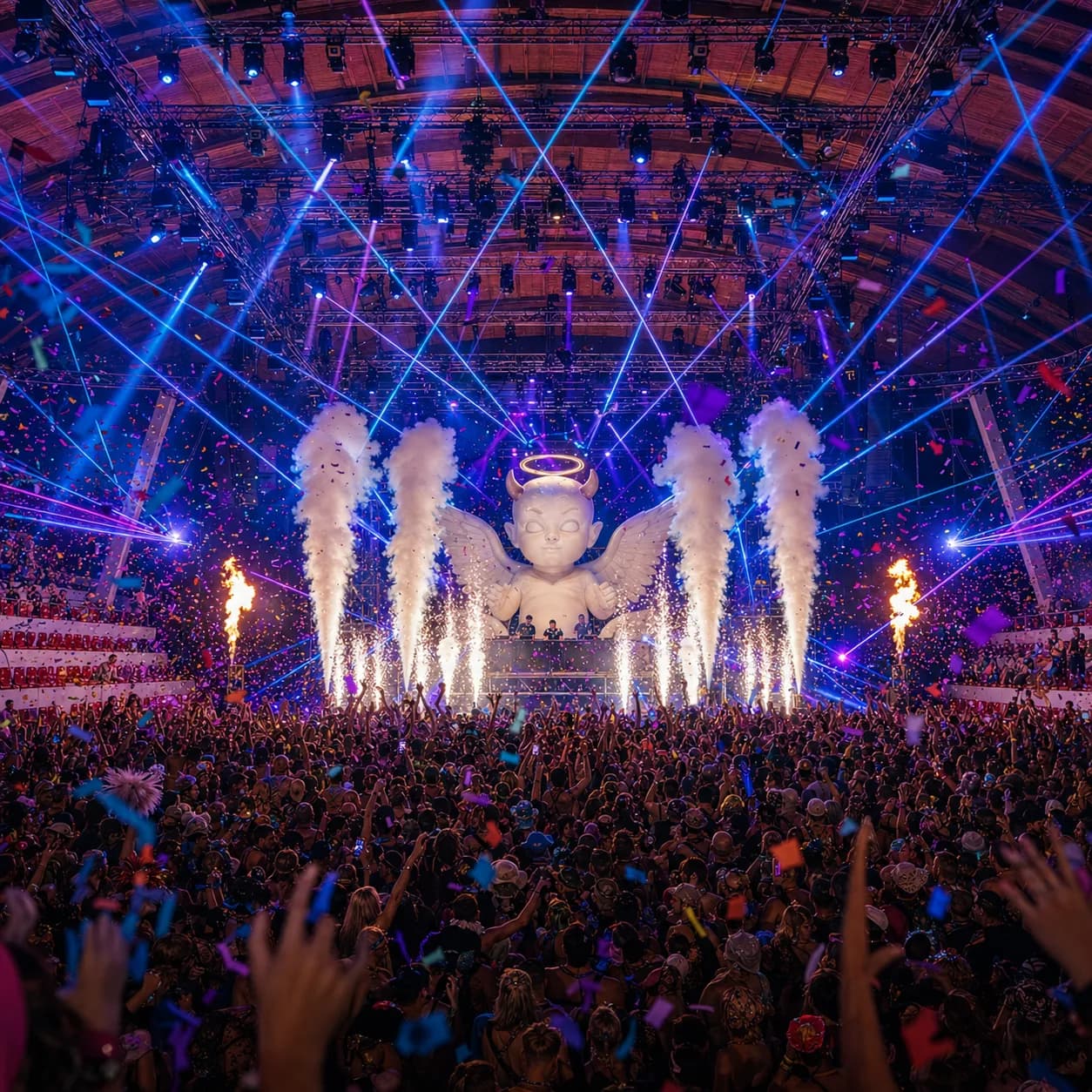 Festival stage lit by lasers and special effects