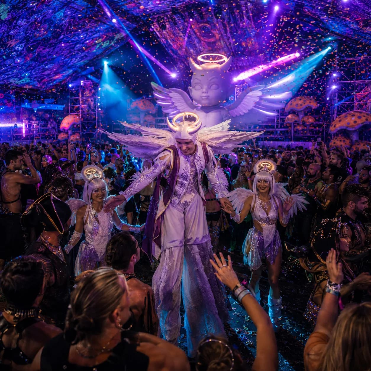 Costumed live performers moving through the festival crowd