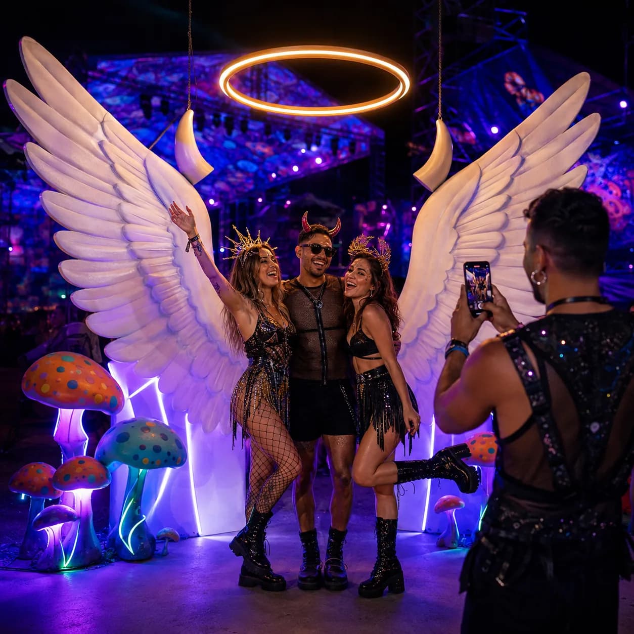 Festival guests posing in a theatrical illuminated photo world